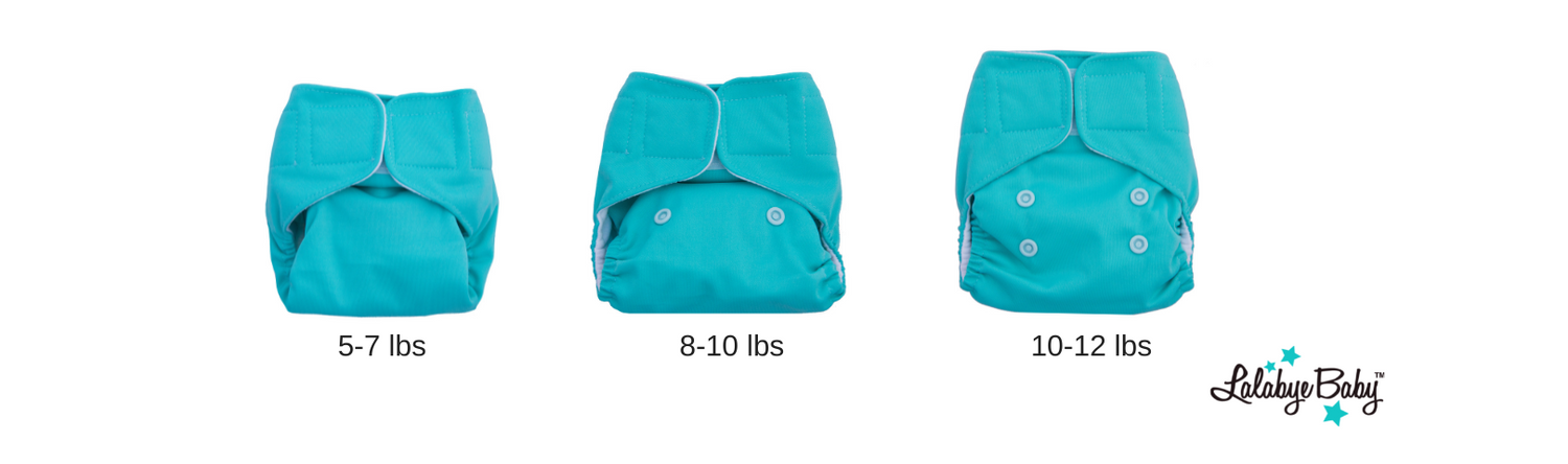 Newborn cloth diapers size chart. 3 teal blue diapers that show how you can set the rise differently