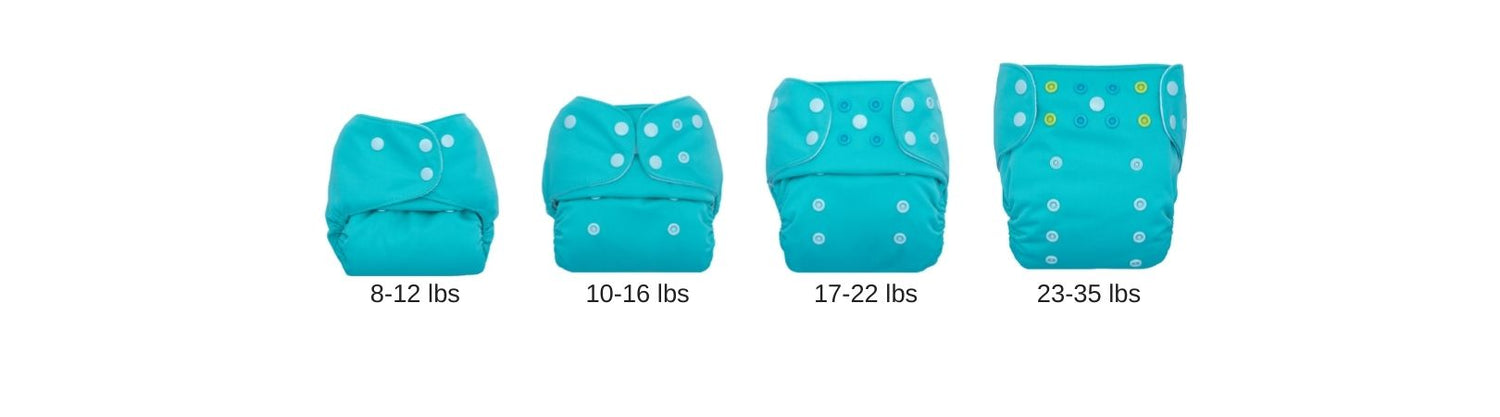 one size cloth diaper sizing chart, different snap positions with teal blue diapers